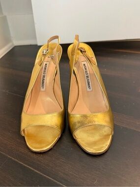 Vintage Manolo Blahnik Metallic Gold Peep-Toe Slingback Mules
